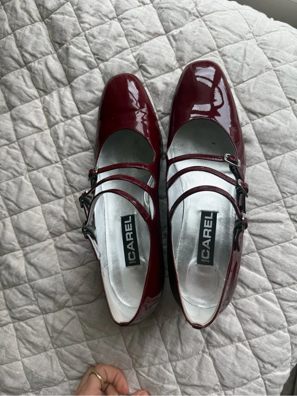 Patent Triple-Strap Mary Jane Heels in Burgundy